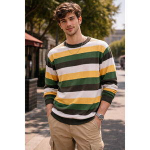 Hurley Men's XL Green Yellow White Striped Crewneck Knit Sweater Y2K Rugby Retro